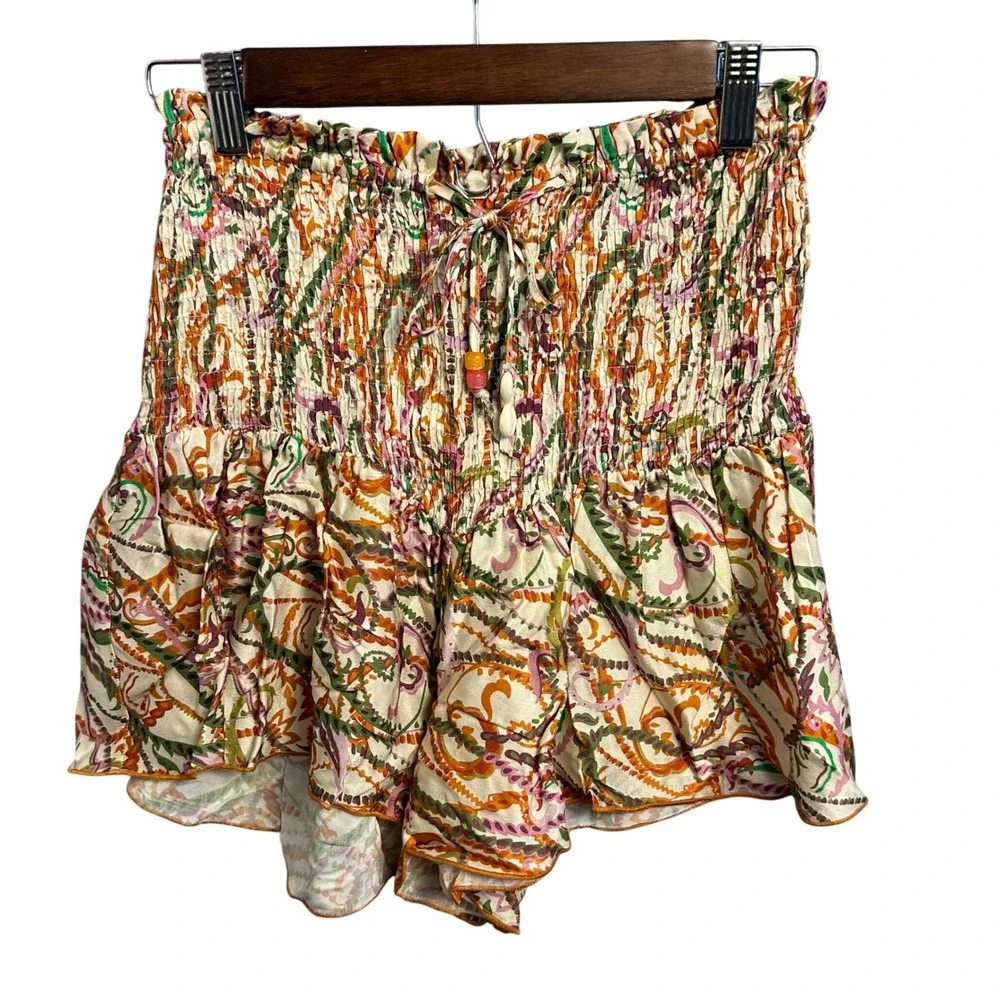 Zara Shorts XS Multicolor Paisley Smocked Ruffle Boho‎ Festival Summer High Rise